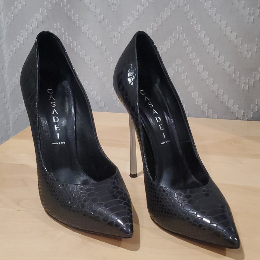 Casadei black blade python print pumps